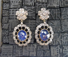 Estate Deep Blue Sapphire and Diamond Drop Earrings in 18K Gold and Silver