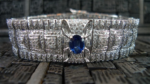 Estate Art Deco Style Sapphire and Diamond Bracelet in 18K White Gold