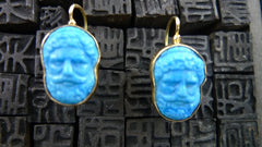 Estate  Turquoise Blue Faience Earrings 18K Yellow Gold