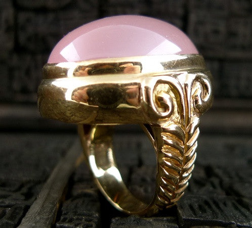 Estate Large Cabochon Pink Quartz Ring 18K Yellow Gold