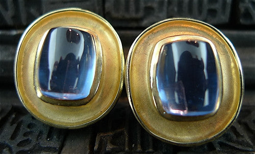 Estate 14K Yellow Gold and Barrel Cabochon Blue Topaz Earrings