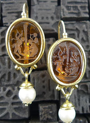 Estate Glass Intaglio Earrings in 18K Yellow Gold with Pearl Drop