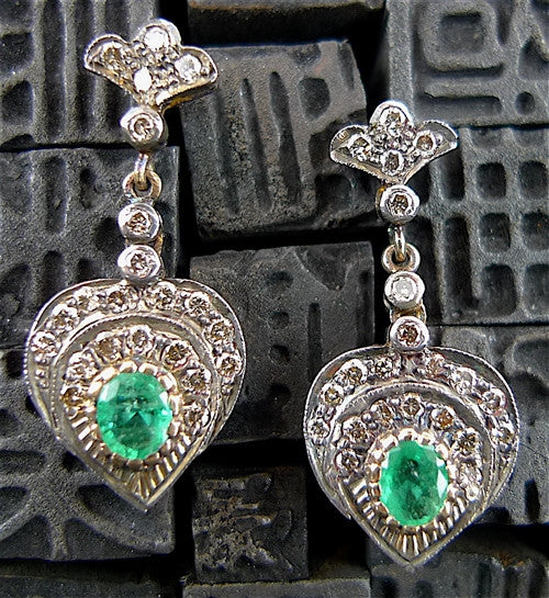 Estate 18K Gold, SIlver, Diamond and Emerald Heart Earrings