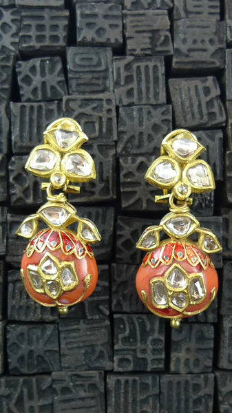 Amrapali Diamond and  Coral Drop Earrings in 22K Yellow Gold