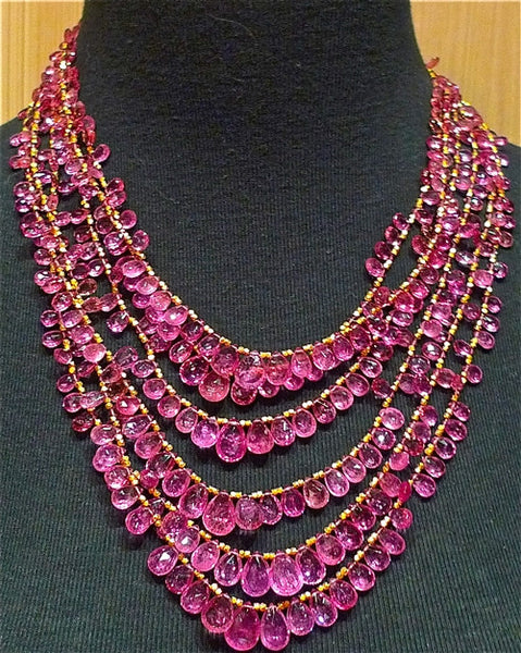 Churchill Private Label 5 Strand Necklace of Fine Quality Pink Tourmalines and 22K Yellow Gold Beads and Clasp