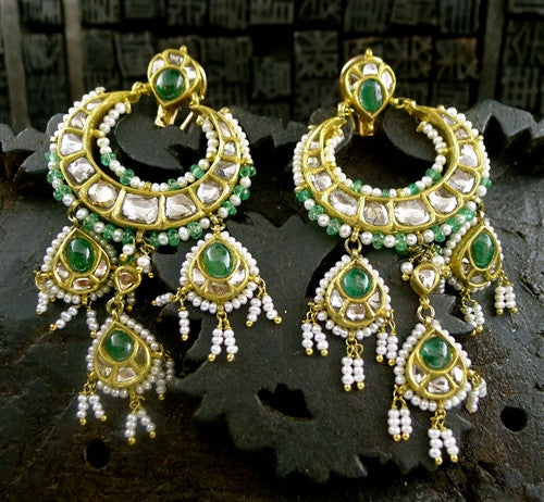 Amrapali 18K Yellow Gold Moghul Diamond, Emerald, and Pearl Chandelier Earrings