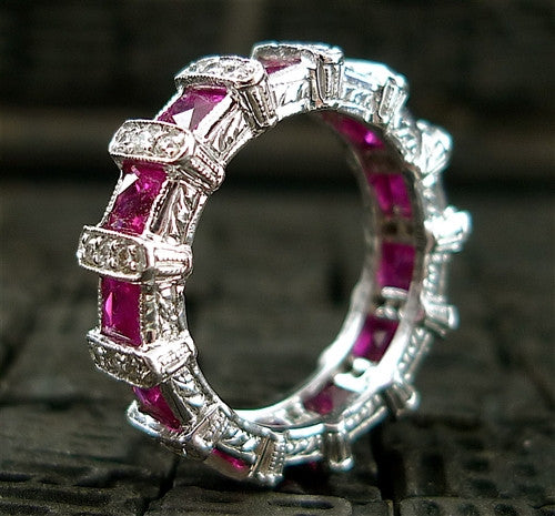 Estate 14K White Gold, Diamond and Ruby Eternity Band Ring