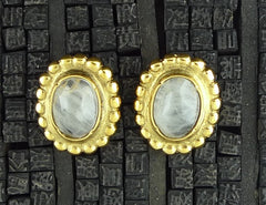 Robert Goossens Rock Crystal Oval Clip Earrings with Granulation on Bezel in 24K Yellow Gold Vermeil