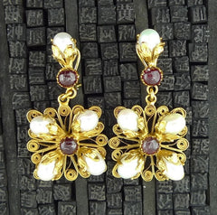 Robert Goossens Pearl and Pink Stone Clip Drop Earrings in 24K Yellow Gold Vermeil