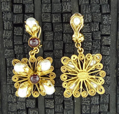 Robert Goossens Pearl and Pink Stone Clip Drop Earrings in 24K Yellow Gold Vermeil