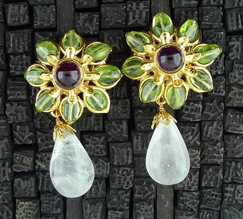 Robert Goossens Peridot and Amethyst Flower Clip Earrings with Rock Crystal Drops