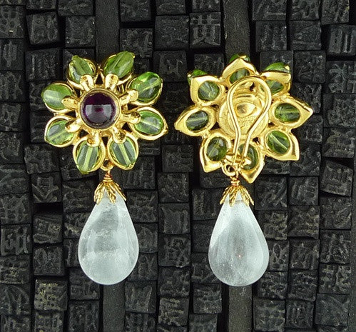 Robert Goossens Peridot and Amethyst Flower Clip Earrings with Rock Crystal Drops