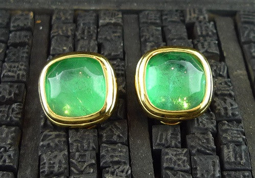 Robert Goossens Green Stone Clip Earrings in 24K Yellow Gold Vermeil
