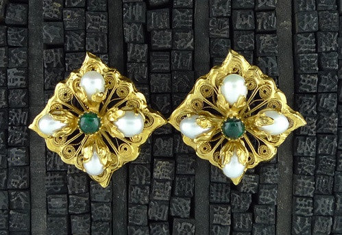 Robert Goossens Pearl and Green Stone Clip Earrings in 24K Yellow GOld Vermeil