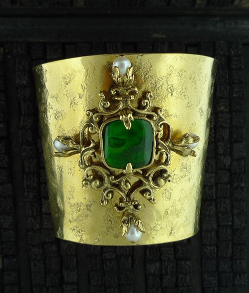 Robert Goossens Wide Gold Vermeil Cuff with Green Stone and Pearls