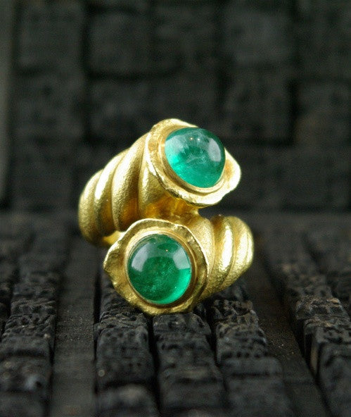 Paola Ferro Two Cabochon Emeralds  18K Yellow Gold "Contrariee" Ring