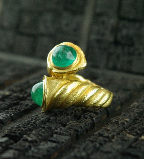 Paola Ferro Two Cabochon Emeralds  18K Yellow Gold "Contrariee" Ring