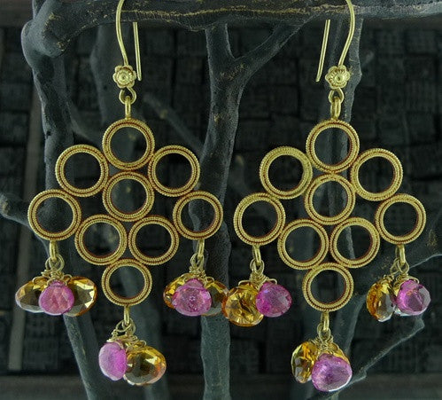 Julie Baker 18k Yellow Gold Tube Chain w/ 22k Chandelier and Citrine and Pink Tourmaline Briolettes