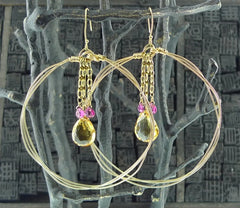 Julie Baker 22k Yellow Gold Wire Hoops with Citrine and Pink Tourmaline Briolettes