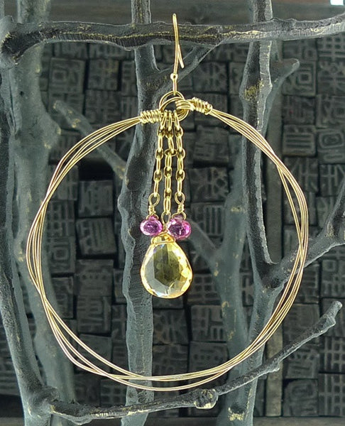 Julie Baker 22k Yellow Gold Wire Hoops with Citrine and Pink Tourmaline Briolettes