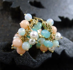 Talisman Unlimited 14K Yellow Gold Baby Fringe Hoop Earrings of Pearl, Coral and Peruvian Opal