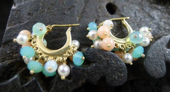 Talisman Unlimited 14K Yellow Gold Baby Fringe Hoop Earrings of Pearl, Coral and Peruvian Opal