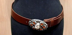 Mikal Winn Pewter Tone Buckle Embellished with Cognac Crystals and Rock on Cognac Leather Belt