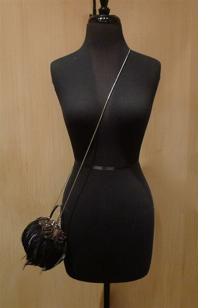 Moo Roo Black Feather Evening Purse with Bronze Beading