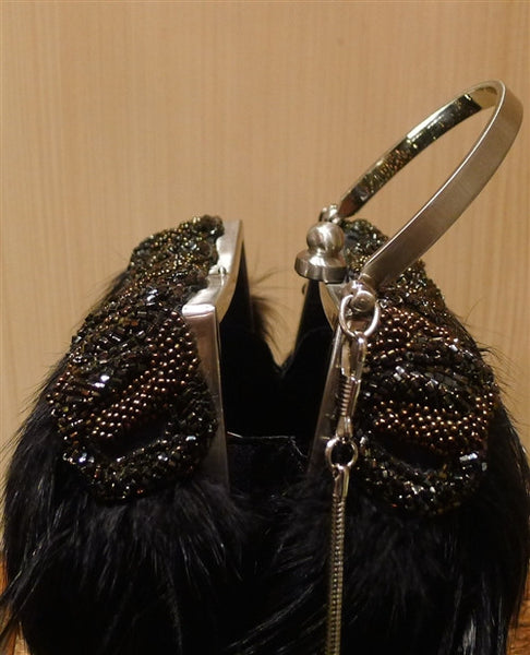Moo Roo Black Feather Evening Purse with Bronze Beading