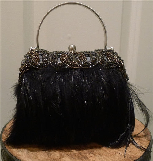 Moo Roo Black Feather Evening Purse with Bronze Beading