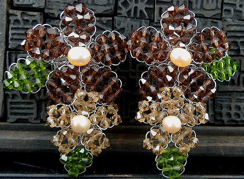 Mindy Lam Swarovski Crystal Double Flower Earrings in Brown and Cream
