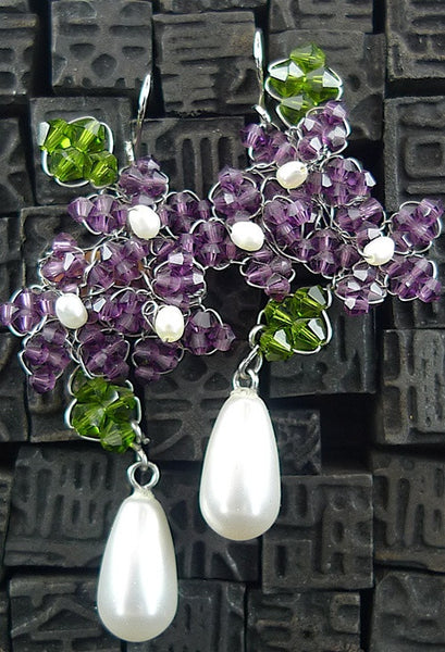 Mindy Lam Purple Swarovski Crystal and Pearl Flower Drop Earrings