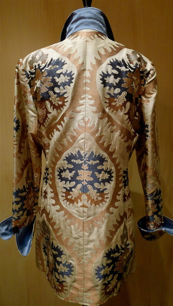 Quadrille Custom Blue and Tan Silk Damask Dress Riding Jacket