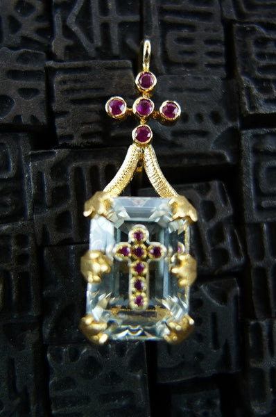Pade Vavra White Faceted Topaz and Ruby Cross Earring 18K Yellow Gold