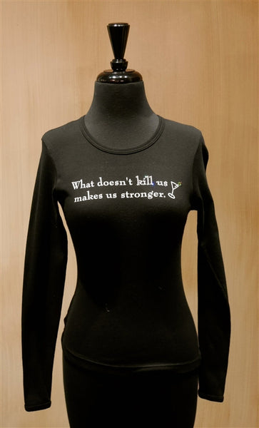 Penelope's Voice Black Jeweled Long Sleeve T-Shirt- What Doesn't Kill Us Makes Us Stronger