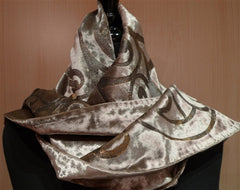 Corem Rose Venetian Silk Velvet Taupe and Silvery Gold Hand Painted Scarf