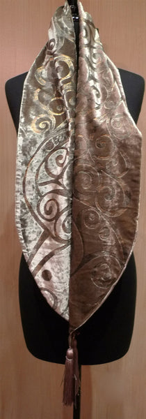 Corem Rose Venetian Silk Velvet Taupe and Silvery Gold Hand Painted Scarf