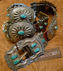 Antique Sterling Silver and Turquoise Concha Belt