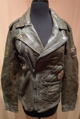 HTC Men Leather Motorcycle Jacket with Embroidered Medals and Patches