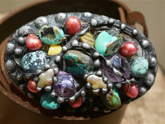 Mikal Winn Turquoise, Amethyst, and Crystal Encrusted Belt Buckle with Leather Strap