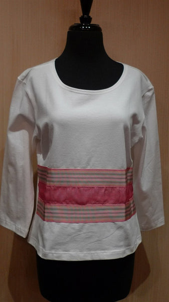 Sally Spicer White Stretch Tee with 3/4 Shirt with Pink Ribbon Stripe