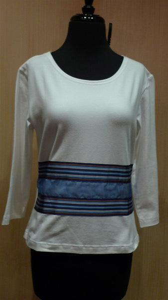 Sally Spicer White Stretch Tee with 3/4 Shirt with Blue Ribbon Stripe