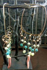 Melissa Joy Manning 14K Yellow Gold, Turquoise and Coral Hoop Earrings