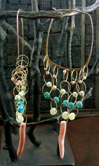 Melissa Joy Manning 14K Yellow Gold, Turquoise and Coral Hoop Earrings