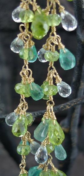 Cameron Cohen Long Shoulder Duster Cluster Earrings of Peridot and Apatite Stones