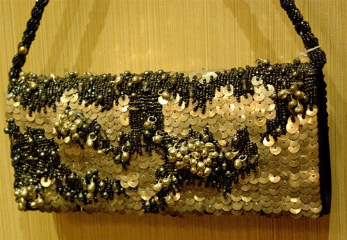 Bernard Chandran Embellished Black Silk, Silver Paillettes, Silver Bells, and Black Beads Evening Bag