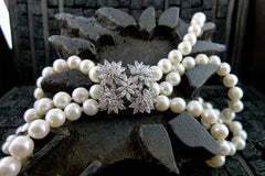 Siman Tu Triple Strand of Pearls Necklace with CZ Floral Clasp