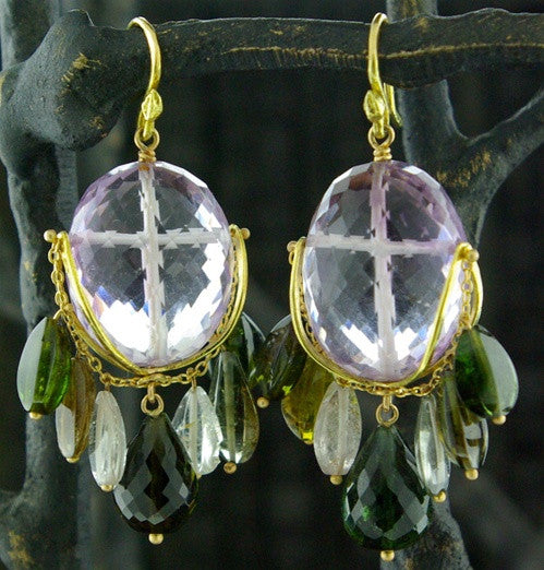 Gabrielle Sanchez 18K Yellow Gold, Amethyst with Faceted Multi Tourmaline Drop Earrings