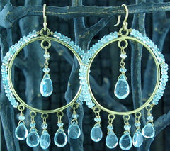 Sonya Ooten Aquamarine Studded Hoop Earrings with Briolette Drops in 14K Gold