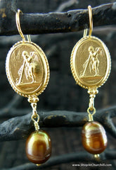 Extasia Pate De Verre Gold Plated Intaglio with Bronze Pearl Drop Earring
